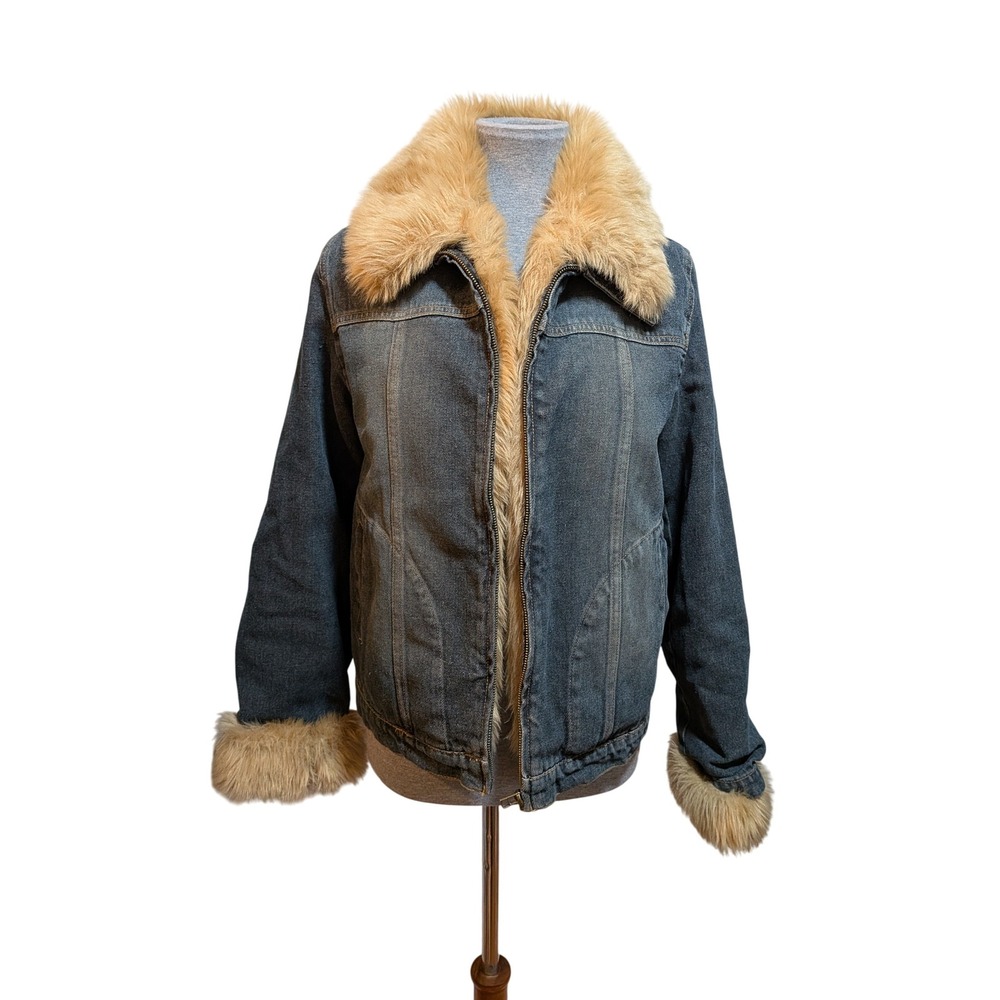 Boho Western Cowgirl Y2K Penny Lane Denim Faux Fur Lined M Trucker Zip Jacket - Picture 2 of 13